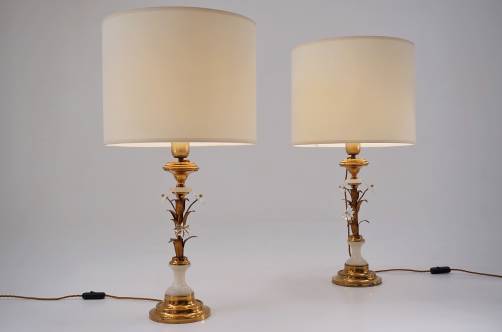 Pair Banci Firenze Florentine tole gold gilt table lamps, crystal flowers & alabaster, 1950`s ca, Italian